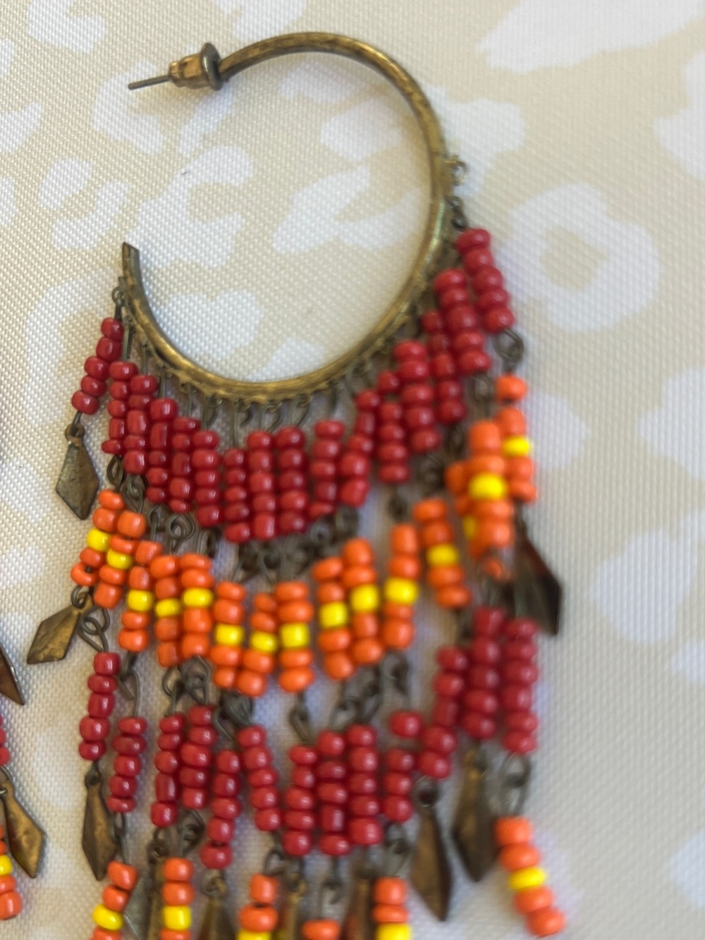 Boho Beaded Fringe Hoop Earrings — Red & Orange 4 inch - Picture 4 of 8